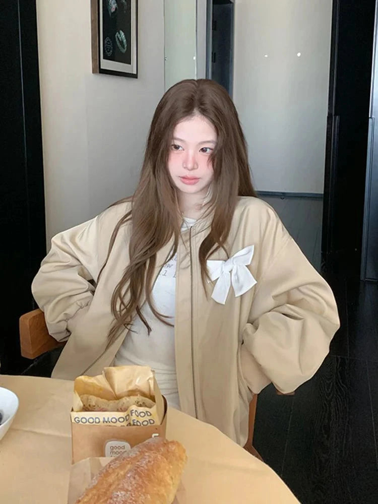 Sweet Bow Korean Jacket Women Fall Preppy Style Cute Long Sleeve Coat Vintage Casual O Neck Loose Female Pockets Tops New voguable