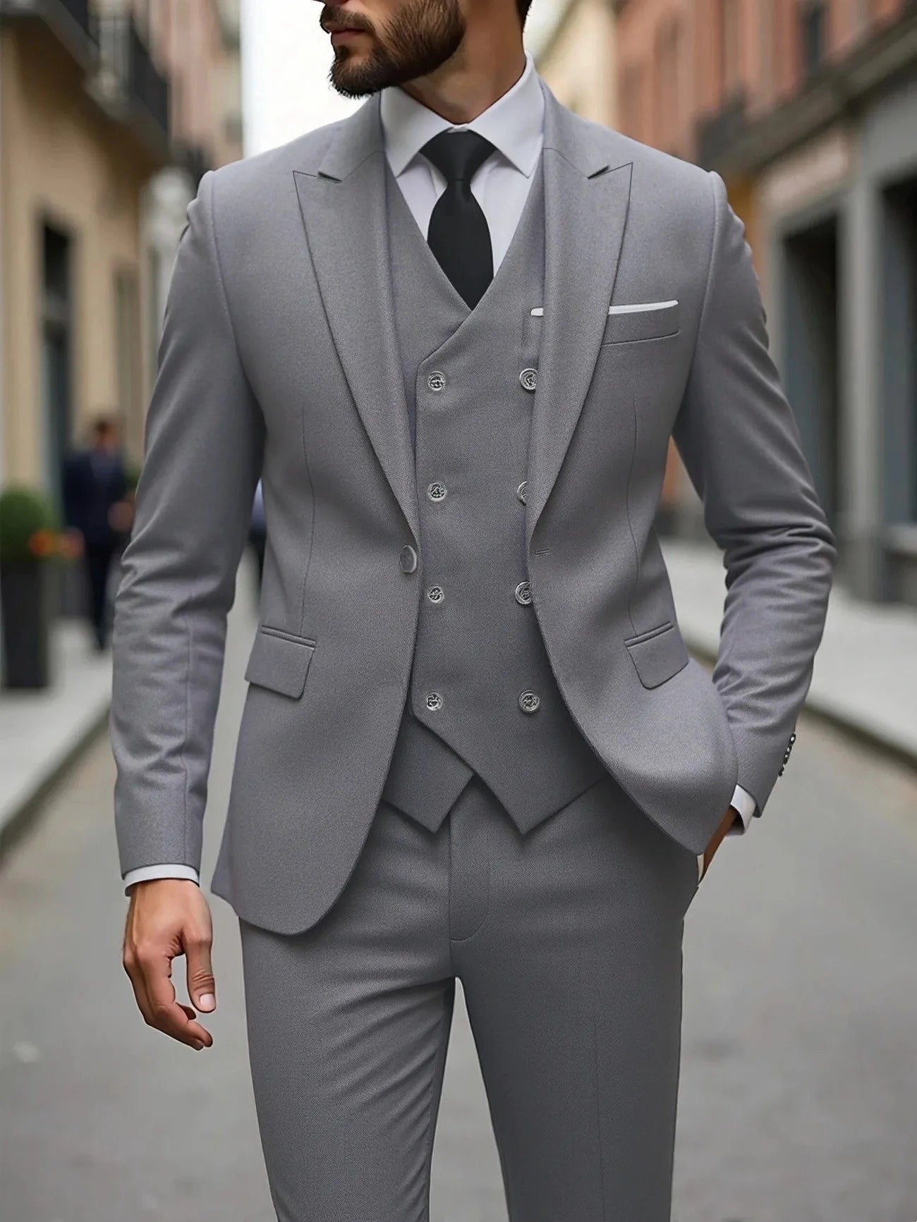Voguable  Dark Grey High Quality Men Suits Slim Fit Single Breasted Peak Lapel Elegant Groom 3 Piece Jacket Pants Vest Male Sets voguable