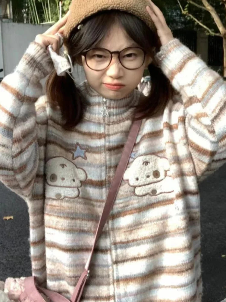 Y2k Aesthetic Japanese Knit Cardigan Kawaii Dog Embroidery Harajuku  Femme Striped Preppy Autumn Zipper y Womens voguable