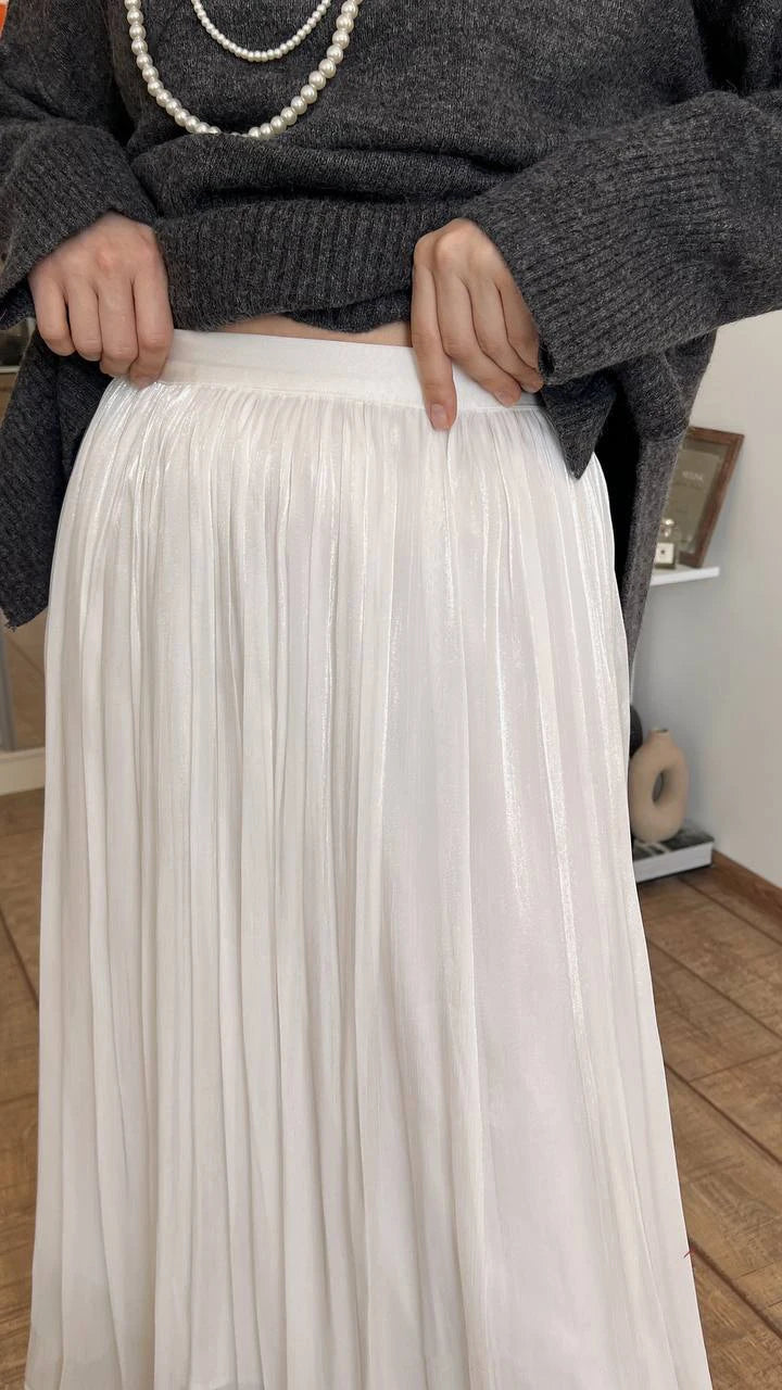 French Elegant Solid Silky Shiny Long Skirt Fashion Elastic Waist Satin Pleat Women Dress Spring Korean Chic A-line Ladies Skirt voguable