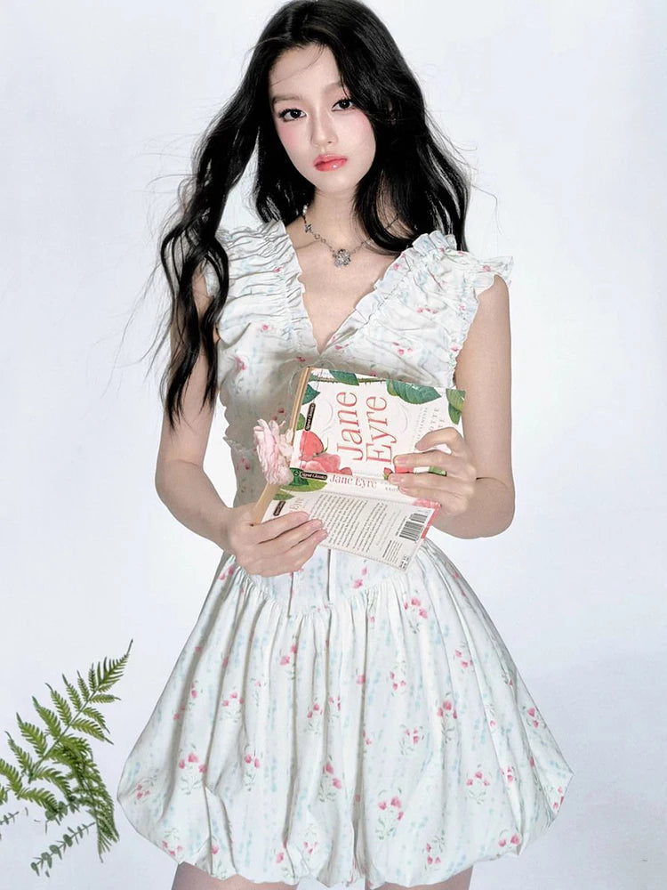 Floral V Neck Sexy Dress Women Casual Elegant Sleeveless Mini Dress Vintage Lace Up Female Korean Summer Beach Style Dress voguable