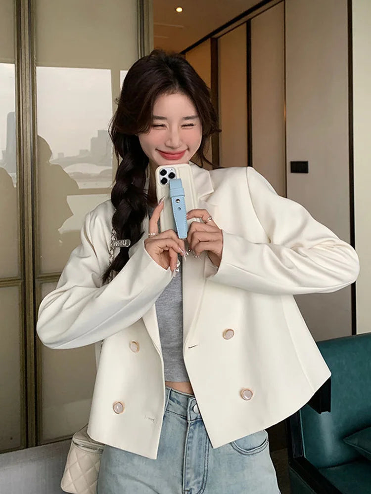Elegant White Blazer Women Slim Long Sleeve Korean Sweet Suit Coat Casual Fashion Fall Double Breasted Female Chic Short Outwear voguable