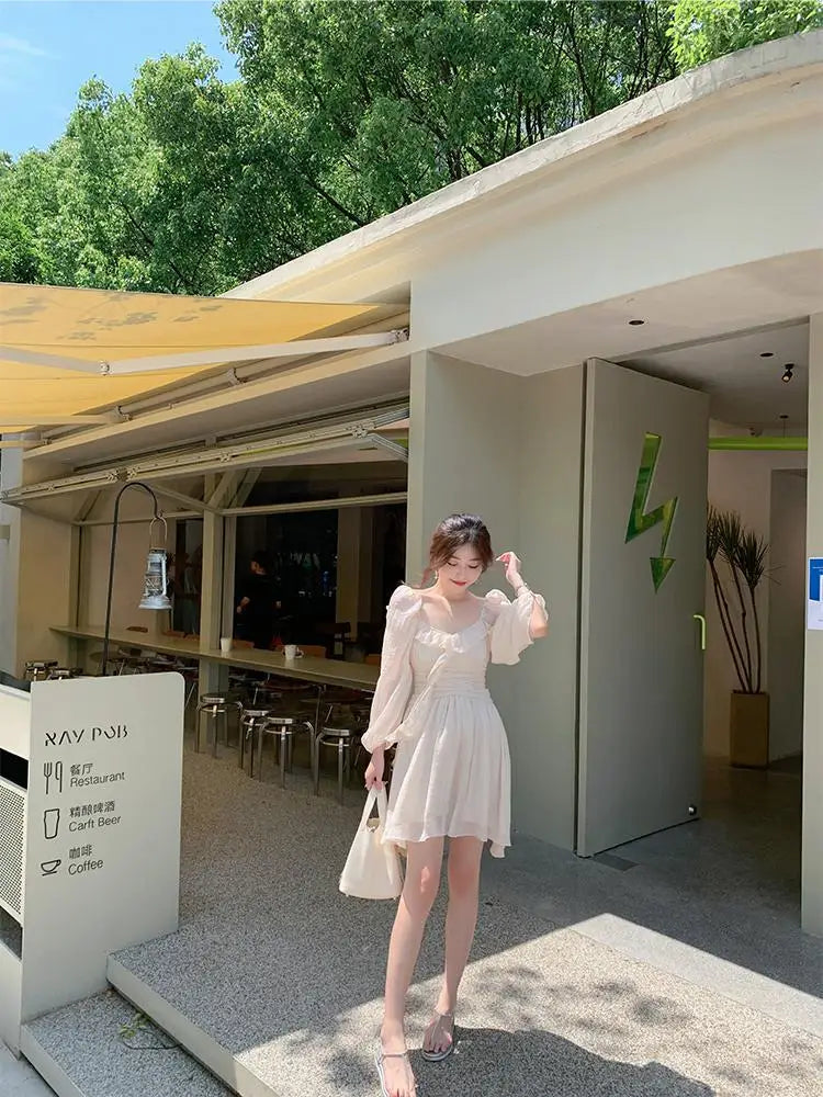French Beige Pleated Ruffles Princess Short Dresses Women Sweet Fashion Temperament Vacation Ball Gown Party Mini Dress Backless voguable