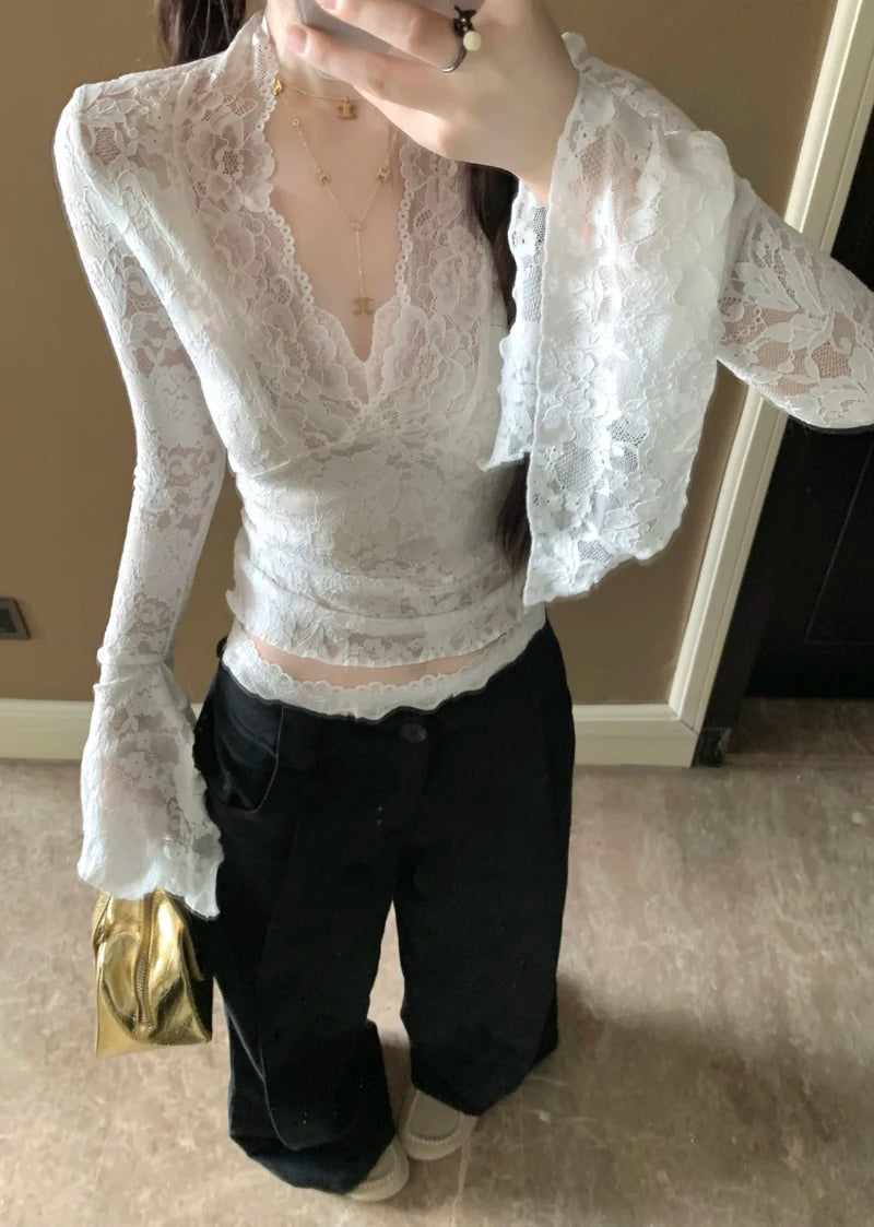 Women's Long Sleeve Lace Top V-neck Flared Sleeve Sheer Lace Crop T-shirt Teen-girl Coquette Fairycore Y2K Outfit voguable