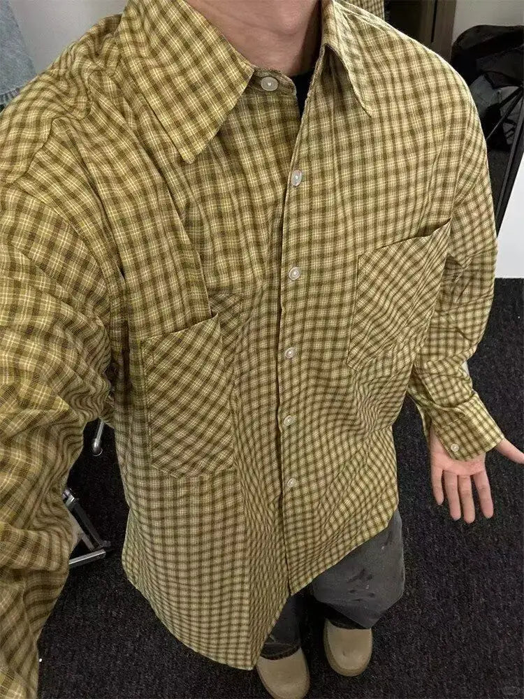 American Retro Yellow Plaid Shirt Men Women Spring and Autumn Korean Casual Loose Sun Protection Thin Couple Fashion Trend Shirt voguable