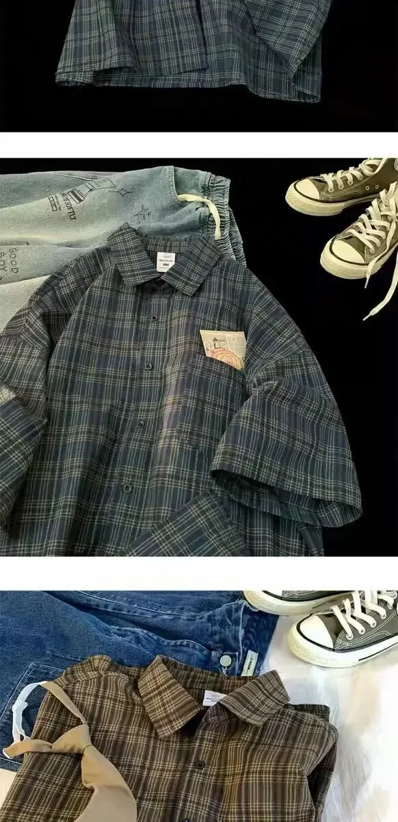 Japanese Vintage Plaid Short Sleeve Shirt Men's Streetwear Loose Fit Casual Stylish Versatile Half Sleeve Underwear voguable
