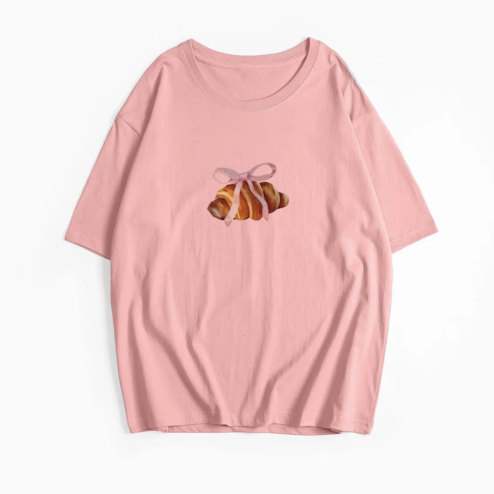 Bow And Horn Print White Summer T-shirt 2025 New Short Sleeve O-neck All-match Women Tee Top Streetwear Fashion Woman Clothing voguable