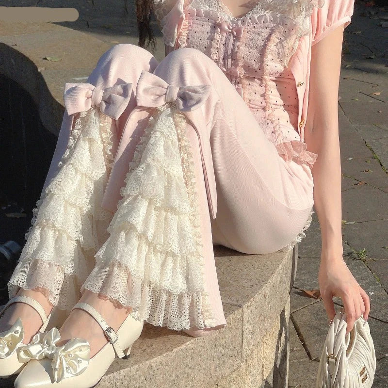 Voguable  Pink Sweet Lolita Style Pants Women Vintage Kawaii Bow Lace Ruffles Flared Pants Female Korean Elegant Casual Fairy Trousers voguable