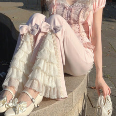Voguable  Pink Sweet Lolita Style Pants Women Vintage Kawaii Bow Lace Ruffles Flared Pants Female Korean Elegant Casual Fairy Trousers voguable