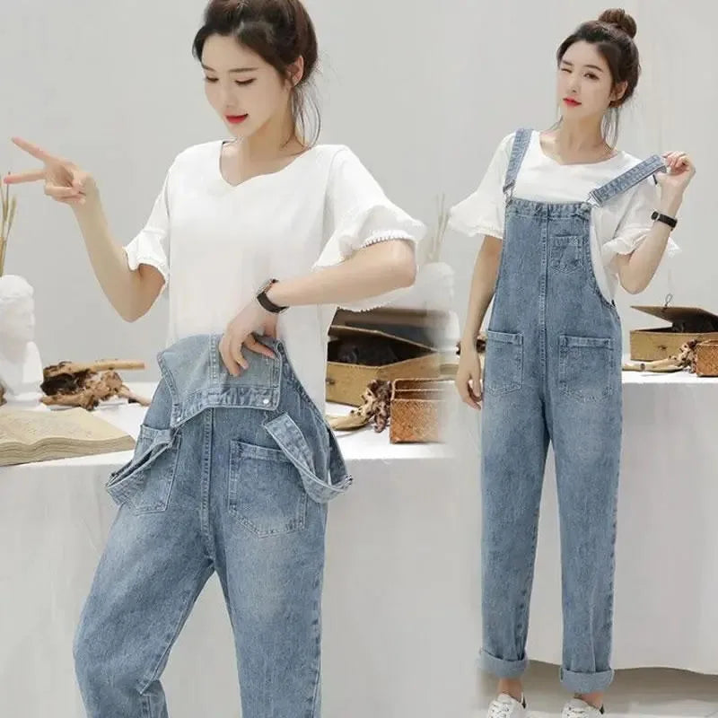Voguable  Washed Denim Jumpsuit Women Casual High Waist Blue Wide Leg Pants Female 2024 Spring Korean Loose Pockets Jean Overalls voguable