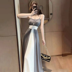 Voguable  Women Satin Cami Maxi Dress Beaded Scoop Neck Ruched High Waist Color Block Flowy Wedding Guest Evening Formal Gown Vestidos voguable