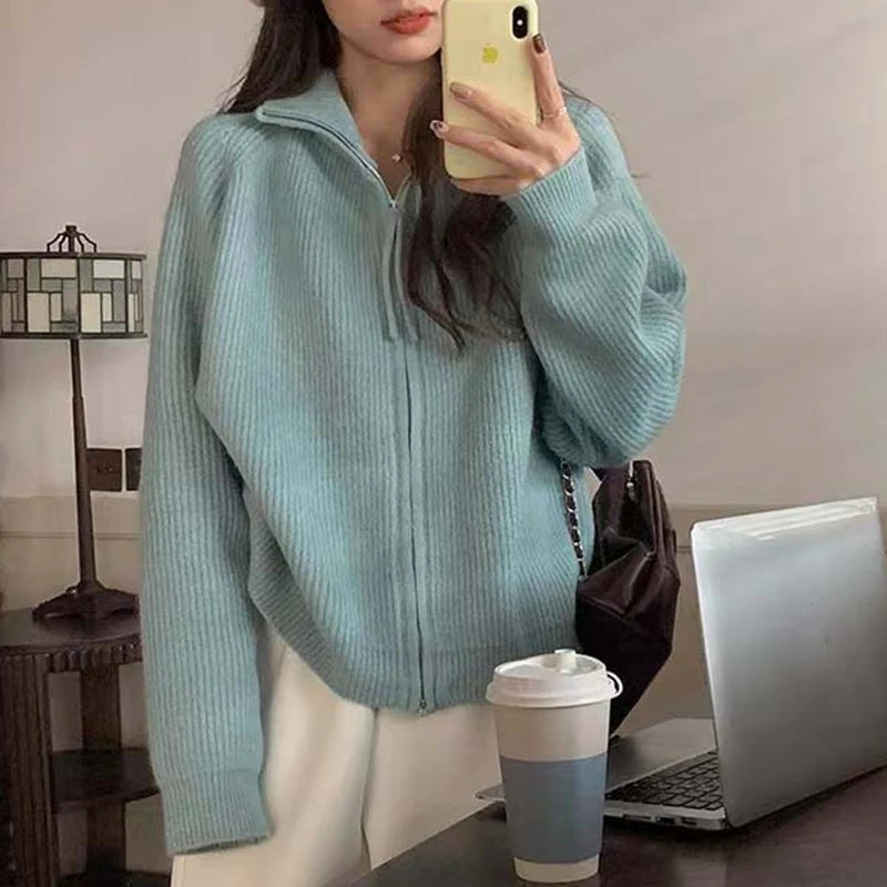 Alobee Super High Sense Nice Purple Knit Cardigan Outerwear Autumn and Winter 2024 New Thickened Lapel Zip-up Sweater Women voguable
