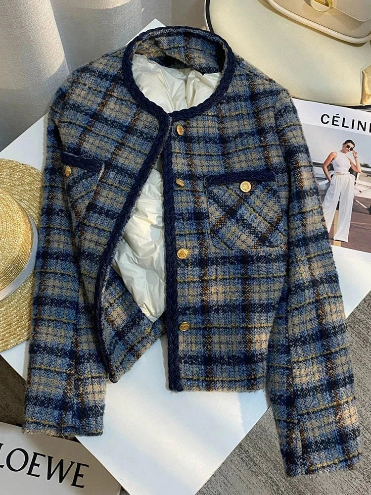 Thick Warm Elegant Tweed Jacket Women Slim Vintage Long Sleeve Winter Coat Korean Casual O Neck Female Retro Sweet Tops New voguable