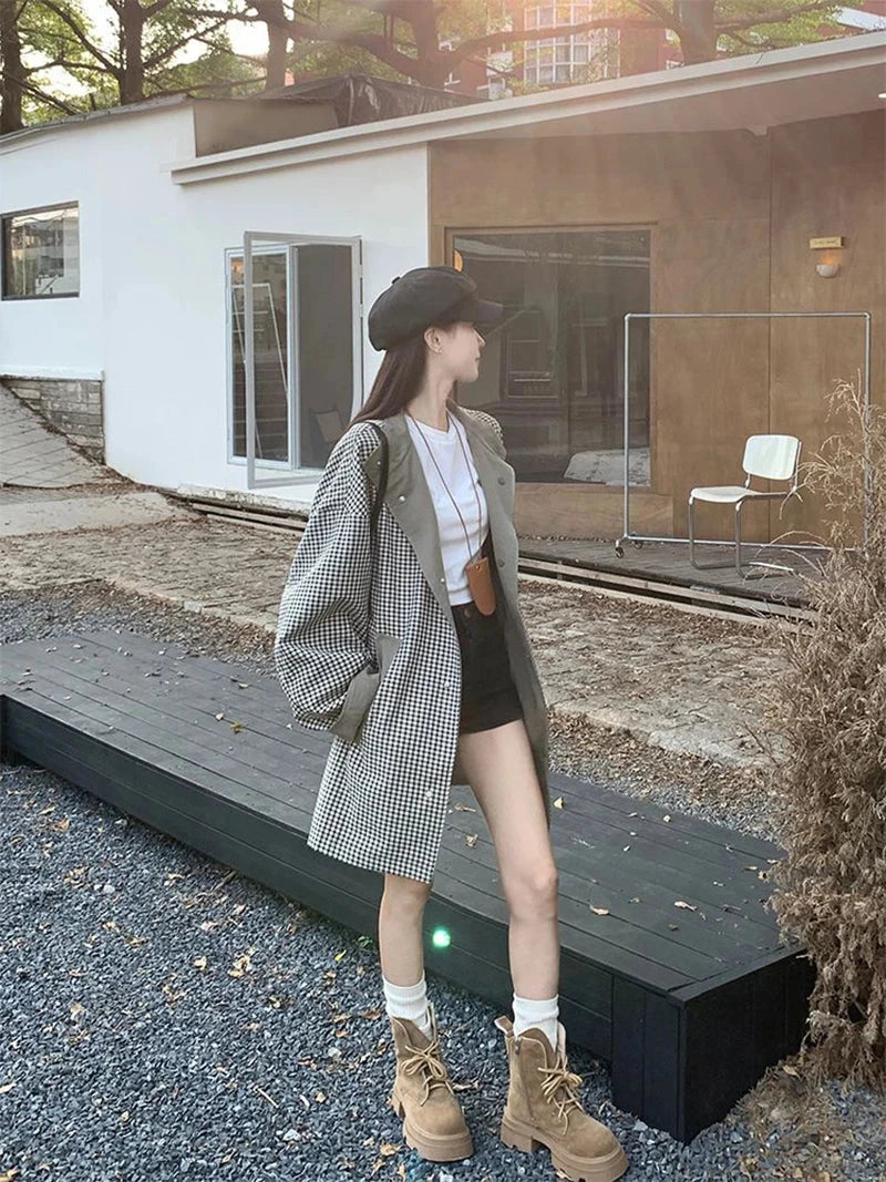 Korean Chic Elegant Jacket Women Loose Design Double Sided Wear Plaid Coat Fall Fashion Long Sleeve Sweet Pockets Outwear voguable
