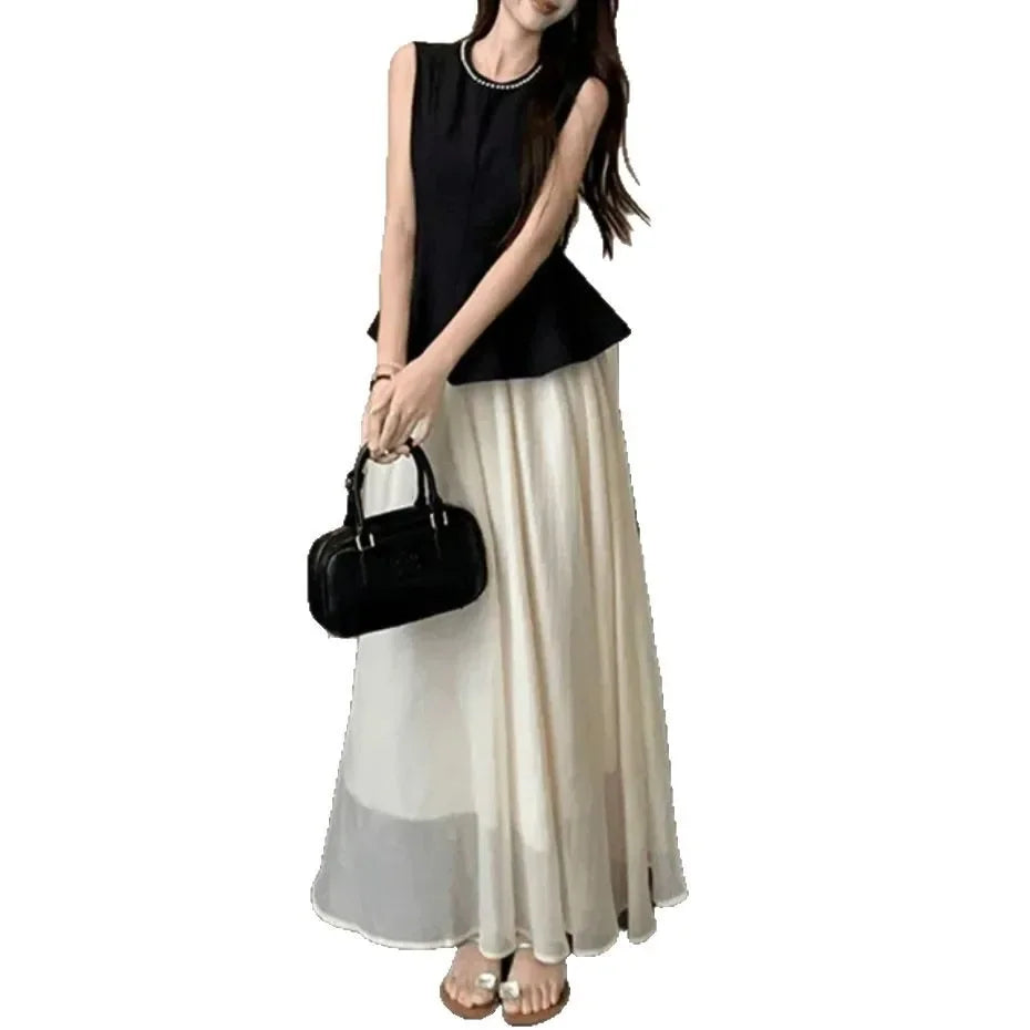 Summer 2025 New Hepburn Style Women's Heavy Embellished Top And Skirt Set with Pearlescent Fabric Elegant And High-End Feeling voguable