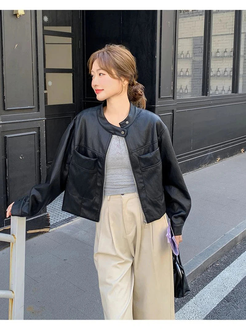 Sweet Biker Pu Jacket Women Vintage Preppy Style Big Pockets Short Coat Casual Korean Long Sleeve Retro O Neck Cute Tops voguable