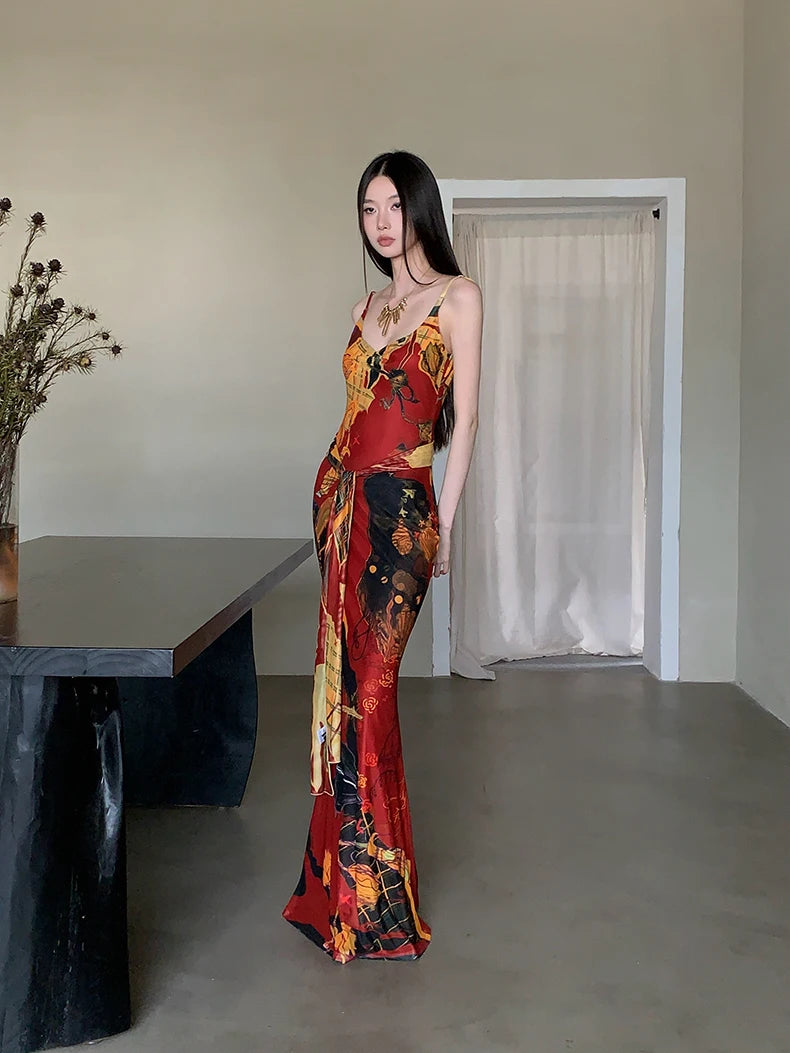 Designer Painted Long Dress For Woman Summer 2025 Mesh V Neck Sundress Boydocn Maxi Slip Dress Fashion Clothes voguable