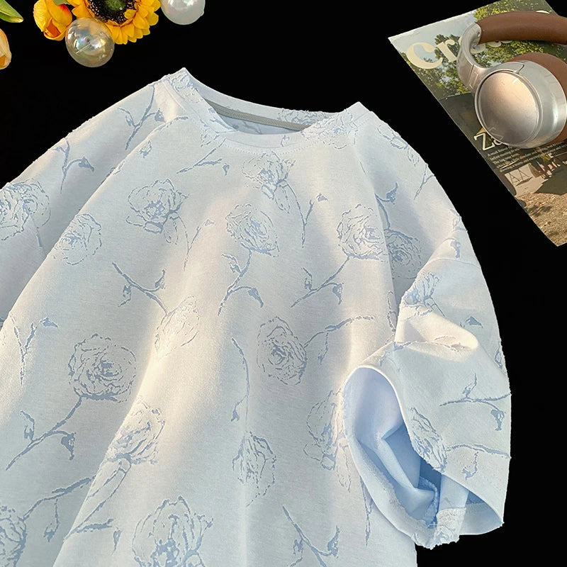 Men Loose Fit Cotton T Shirt Round Neck Breathable Rose Flower Print Tee Summer Casual Streetwear Soft Comfortable Trendy 2024 voguable