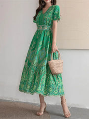 Voguable  Summer Vocation V neck Embroidery Hollow Out Hole Flower Midi Dress Woman Short Flare Sleeve Swing Beach Holiday Robe voguable