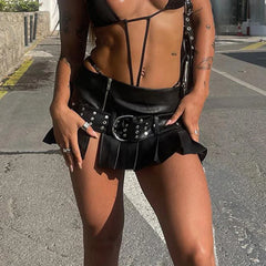 Voguable  Sexy Pu Leather A-line Pleated Mini Skirt Black Dropped Waist Slit Super-short Skirts With Belt Women Punk Streetwear voguable
