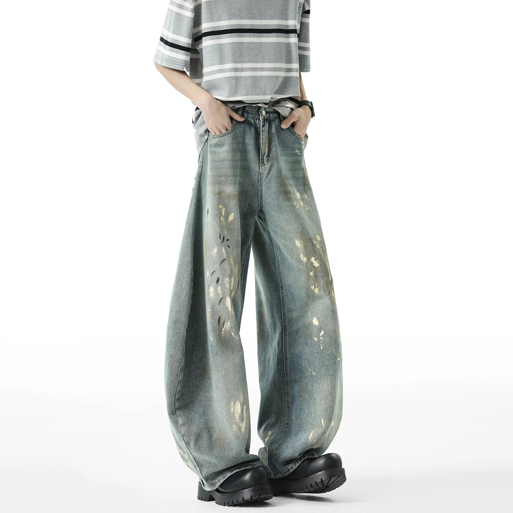 Men Blue Washed Denim Jeans Loose Fit Wide Leg Baggy Streetwear Casual Trousers Hip Hop Graffiti Design Fashion Stretch Comfort voguable