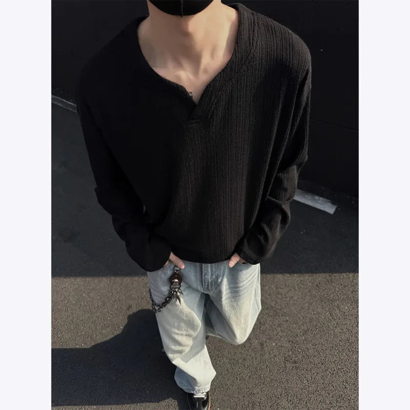 Spring Long Sleeved T-shirt Men Fashion Casual V-neck T Shirt Men Streetwear Korean Loose Pleated T Shirt Mens Top M-3XL voguable