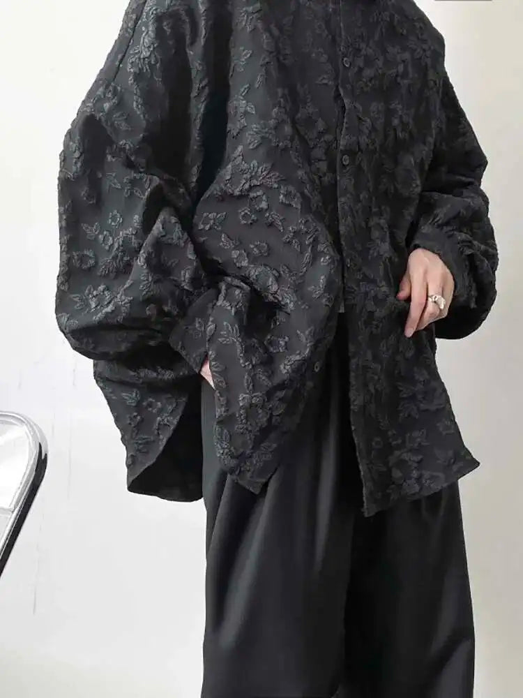 2XL White New Crumpled Jacquard Shirt Loose Fashion Solid Color Casual Turn-down Collar Top New All-match Bat Wing Sleeve P7W voguable