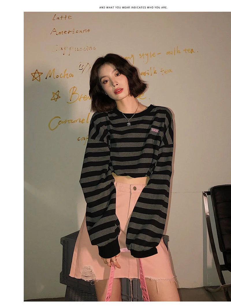 Voguable Sexy Cropped Y2K Striped Sweatshirts Women Harajuku Gothic Tops Vintage Streetwear Casual Bf Oversize Long Sleeve Pullover voguable