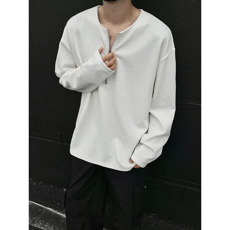 Spring Long Sleeved T-shirt Men Fashion White Pleated T Shirt Men Streetwear Korean Loose Zipper T Shirt Mens Top Plus Size 4XL voguable