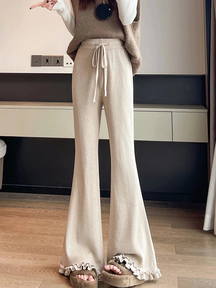 Ruffles Knitted Flare Pant Women High Waist Fashion Loose Fall Winter Trousers Korean Chic Elegant Lady Sweet Solid Pants voguable