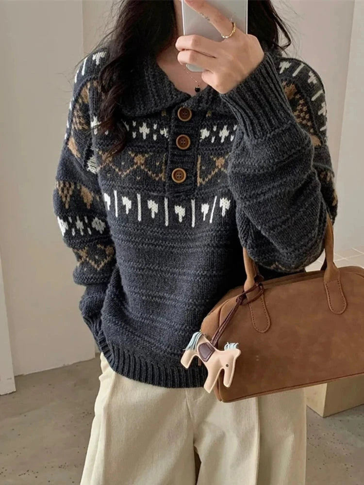 Retro Women Print Sweater Casual Korean Lazy Wind Sweet Knitted Jumpers Fall Winter Lady Long Sleeve Vintage Soft Pullover voguable