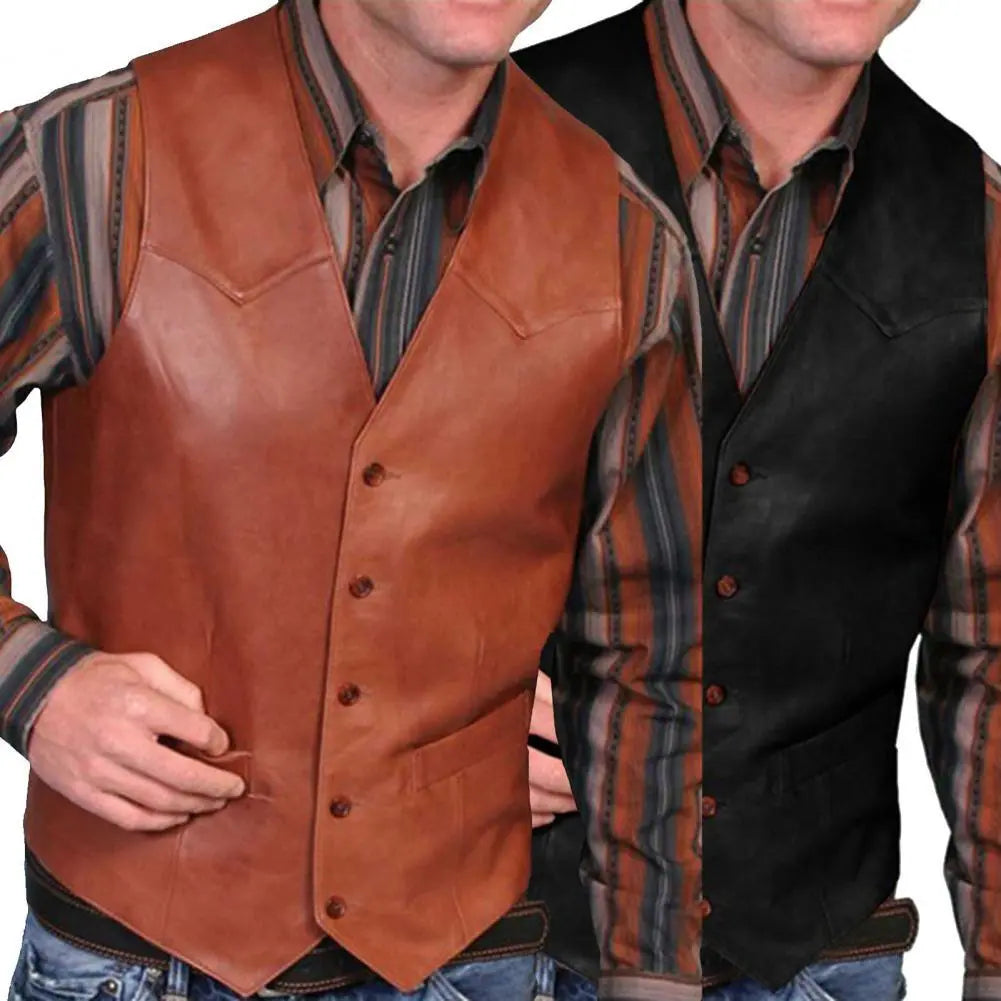 Men's Leather Vest V Neck Single-breasted Western Sleeveless Men Waistcoat Motorcycle Biker Leather Jacket Club Chopper Vest voguable