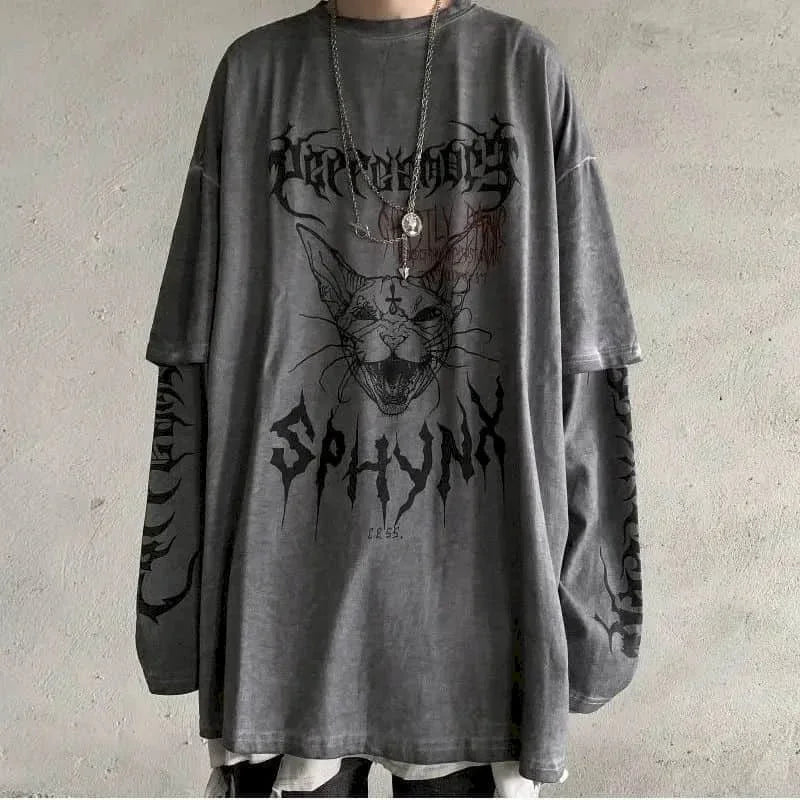 T-shirt Cross of Thorns fake two-piece for men women long-sleeved dark hip-hop loose large size autumn new trend top Simplicity voguable