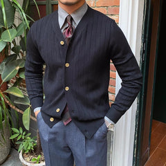 Japan Style Trend Autumn Cardigan Sweaters Men Clothing V-Neck Solid Button Business Casual Office Long Sleeve Slim Knitted Tops voguable