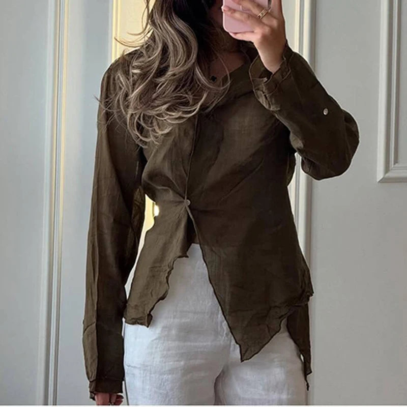 Voguable  Women's Cotton Linen Comfortable Early Autumn Long Sleeve Top V Neck Solid Color Irregular Casual Classic Holiday Party T-shirts voguable