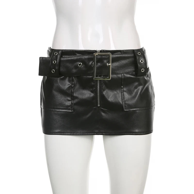Voguable Vintage Leather Skirts Belt Y2K Women'S Low Waist Mini Skirt Fashion Streetwear PU Straight Skirt 90s Punk Sexy Summer voguable