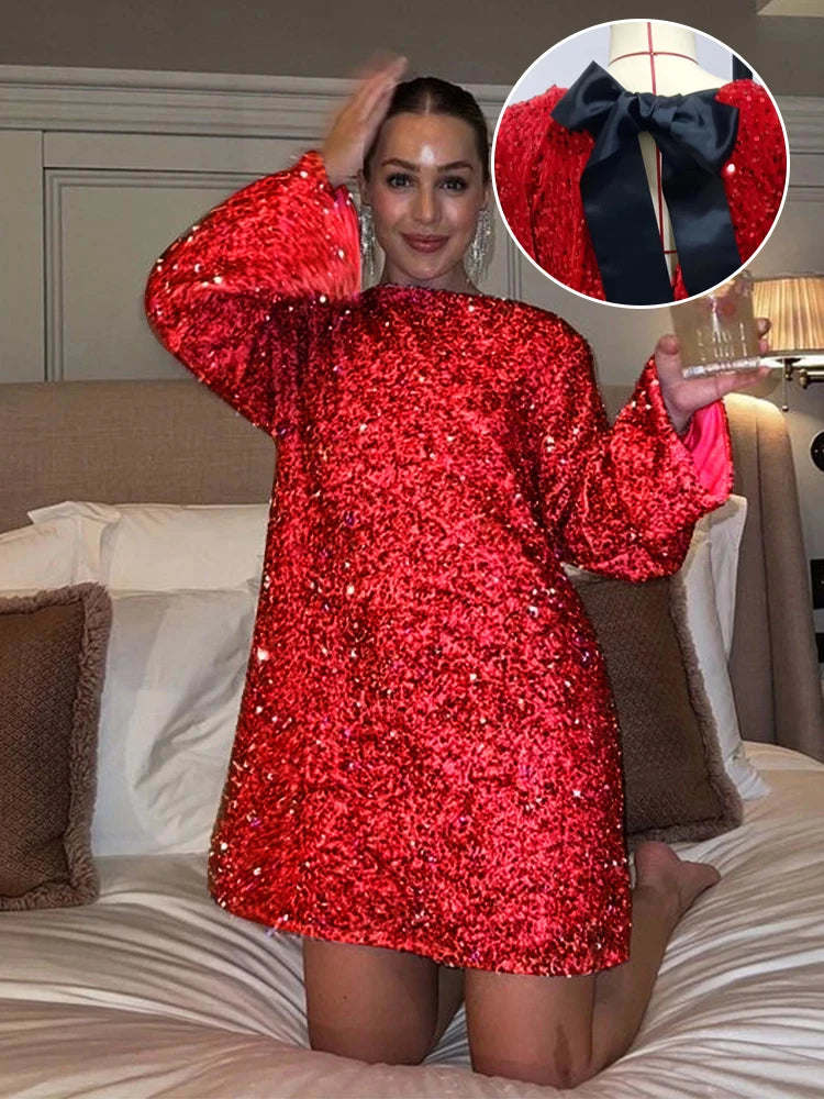 Fashion Shining Sequin Mini Dress For Women Long Sleeve Bowknot Chic Short Dresses Female Elegant Holiday Evening Party Looks voguable