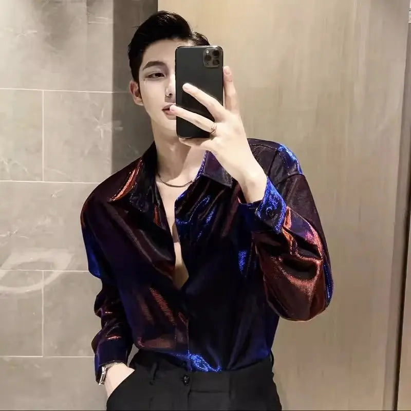 Autumn KPOP Fashion Style Harajuku Slim Fit Ropa Hombre Loose Casual All Match Shirt Square Neck Button Long Sleeve Blusa