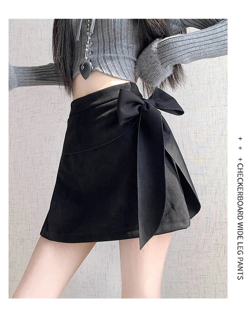 Sexy Slim Faux Suede Skirt Women High Waist Streetwear Vintage Bow Mini Skirts Fall Winter Casual American A Line Skirt New voguable