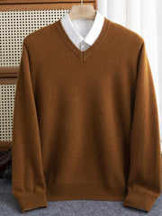 Men 100% Merino Wool Sweater V-Neck Pullover Autumn Winter Cashmere Warm Solid Knitwear Clothes Business Bottoming Soft Tops voguable