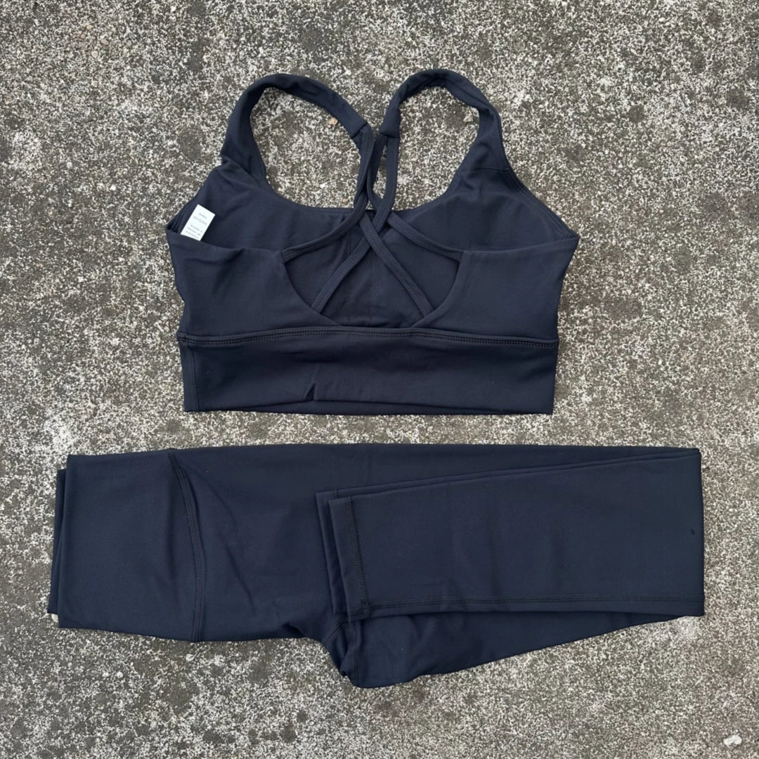 Voguable  Solid Color Tight Women Cross Back High Impact Shoulder Strap Fitness Bra Top High Waist Yoga Legging 2pc Gym Yoga Set Sportwear voguable
