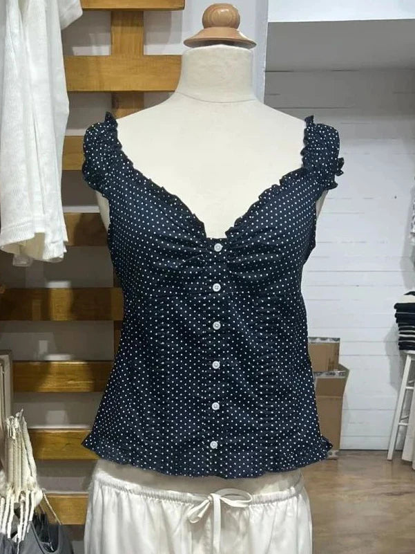 Ruffles White Basic Blouse Top for Woman Summer Folds Single Breasted Sleeveless Tank Tops Casual Cotton Vest Y2k Sweet Camisole voguable