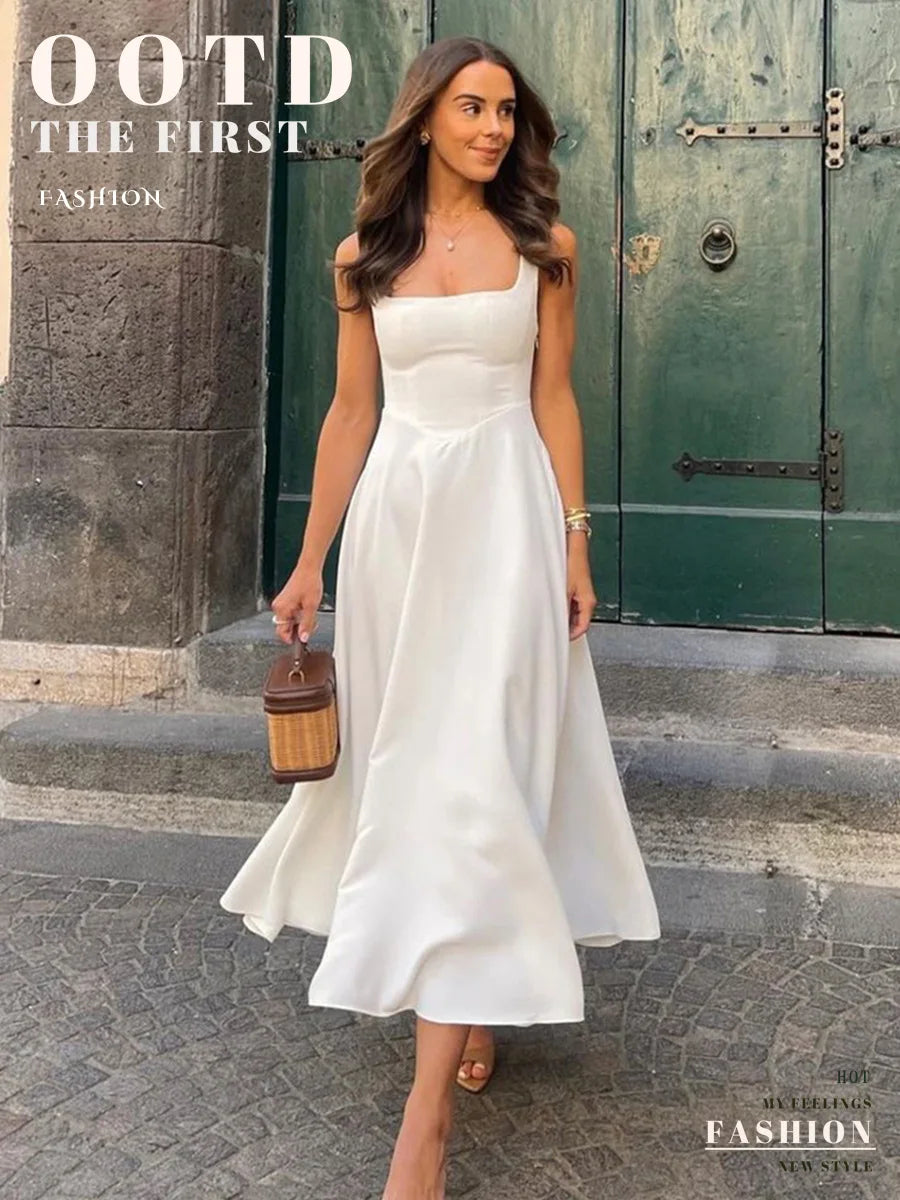 Elegant Square Collar White Long Dress 2025 New Summer A-line Sleeveless Tank's Dress Fashion Vacation Party Wedding Women Dress voguable