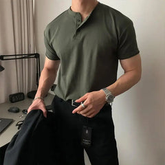 Summer Men‘s Short Sleeve Henley Neck T Shirts American Retro Casual Beach T-shirts Loose High-Quality Fitness Sports Shirt Tops voguable