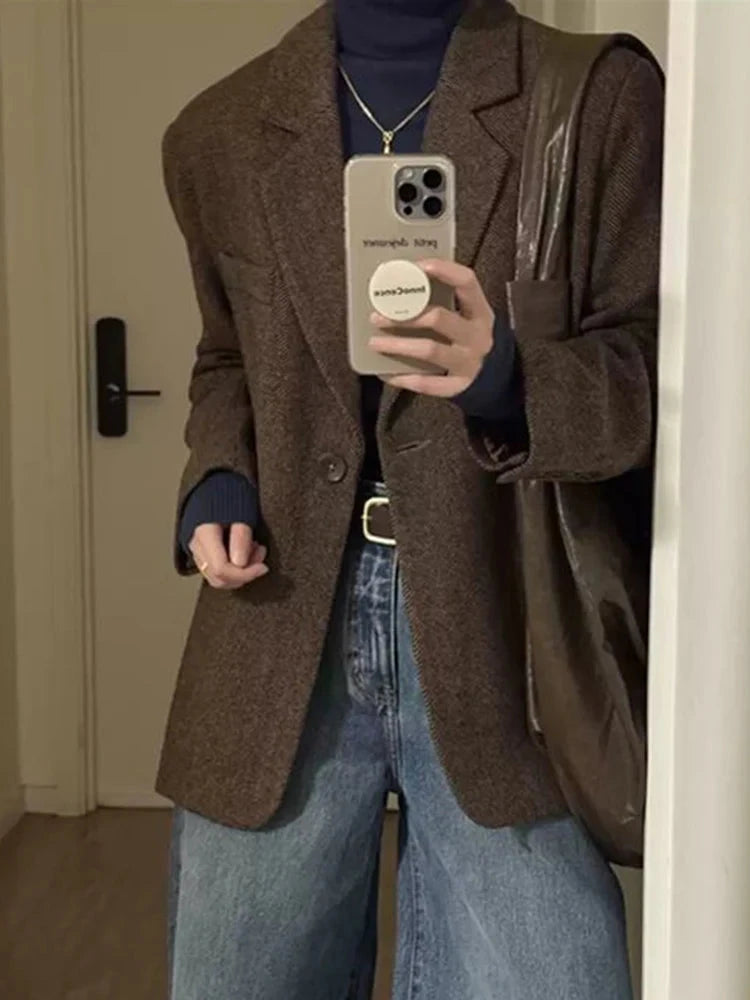 Retro Faux Woolen Blazer Coat Women Harajuku Long Sleeve Fall Winter Y2K Jacket Streetwear American Casual Lady Suit Coat voguable