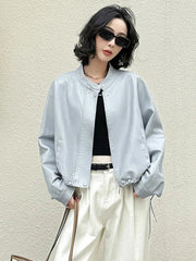 Women Blue Biker Pu Jackets Retro Streetwear Long Sleeve Moto Short Coats Casual O Neck Korean Fall Winter Pockets Outwear New voguable