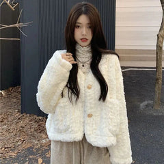 Women Lamb Wool Jackets Autumn Winter Thick Warm Faux Fur Button Outerwear Korean Loose Elegant V Neck Furry Short Coat voguable