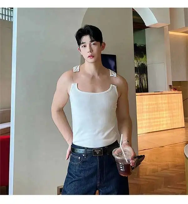 2025 New Fashion Male Vest Patchwork Personality Sleeveless Top Men's Solid Color Slim T-shirt Spring Trendy 9A8204 voguable