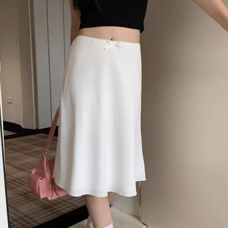 Elegant White Women Satin Skirt Fairycore Ruffle Mid Skirts Coquette A-line Basic Casual Korean Style Summer Silk Skirt voguable