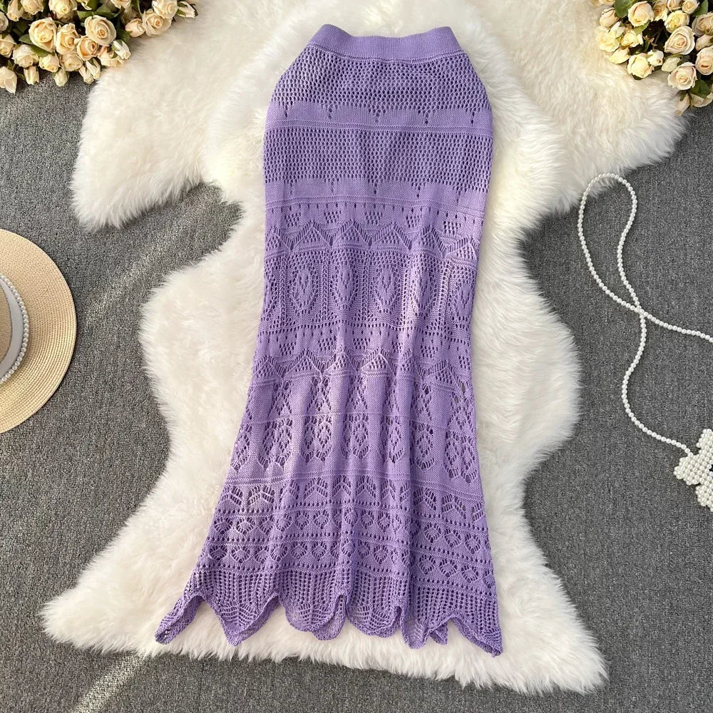 Voguable Boho Retro Holiday Long Skirts Women Y2k Crochet Hollow Out Female Trumpet Skirt Ladies Elegant Summer Sexy Skirt voguable
